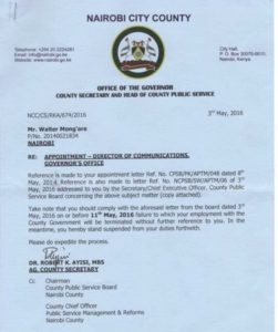 Walter Mongare nyambane letter